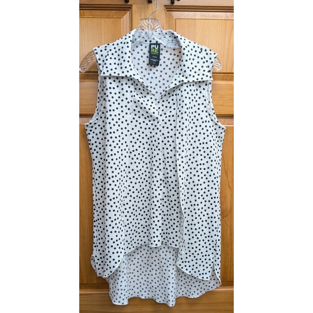 PURE Essence Women's Tunic Size S/P White Black Polka Dot Stretchy Casual Airy